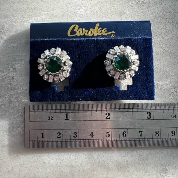 Vintage Carolee Art Deco Style Rhinestone Emerald Clip On Earrings - Picture 3 of 3